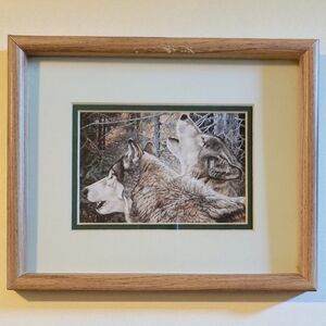 Vtg Andrew Kiss Unity Wolf Print Matted Hard Wood Frame Non Glare Plexi Glass